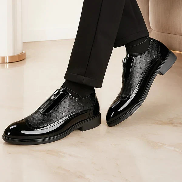 Versatile men's brown Oxford dress shoes with modern side zip. Stylish & comfortable formal footwear for men.