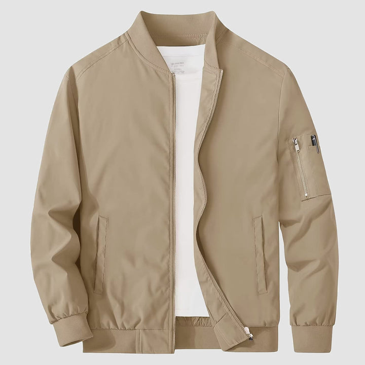 Lightweight men's bomber jacket, black, full zip, modern style, comfortable fall fashion