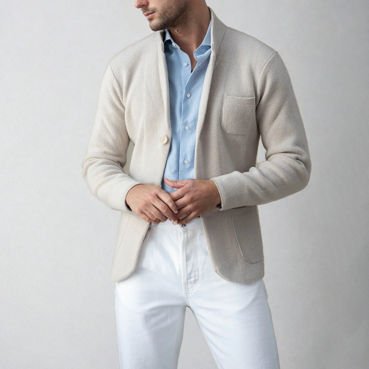 Men's modern casual knit cardigan, button-front, layered look, comfortable office wear for men's fashion