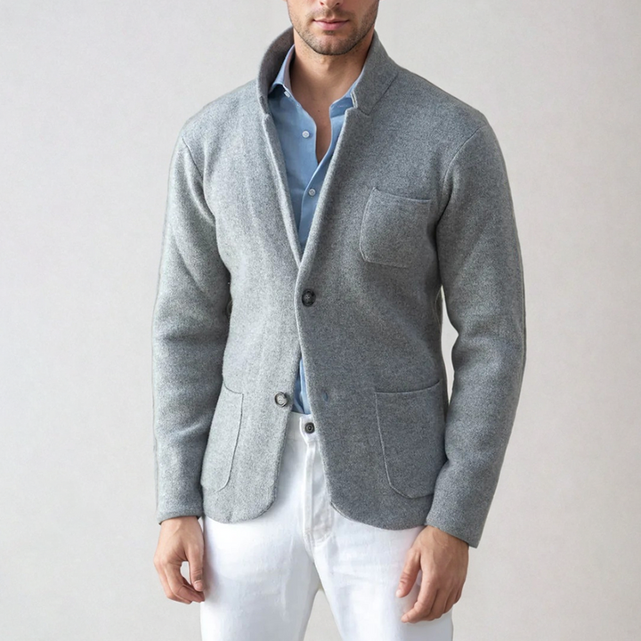 Modern men's knit cardigan, button-up, offering a comfortable and stylish layered option