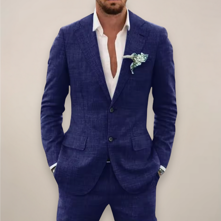 Men's modern fit notch lapel two-piece suit in a solid color, perfect for formal wear or business casual events.