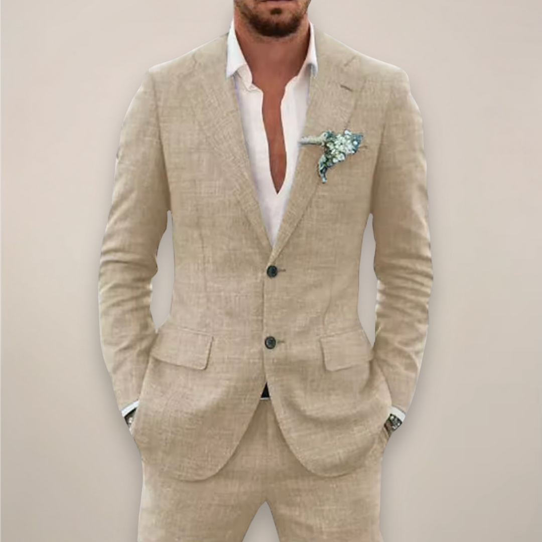 Front view of a men's business casual notch lapel suit, offering a sleek modern fit for any event.