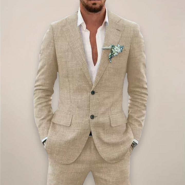 Front view of a men's business casual notch lapel suit, offering a sleek modern fit for any event.