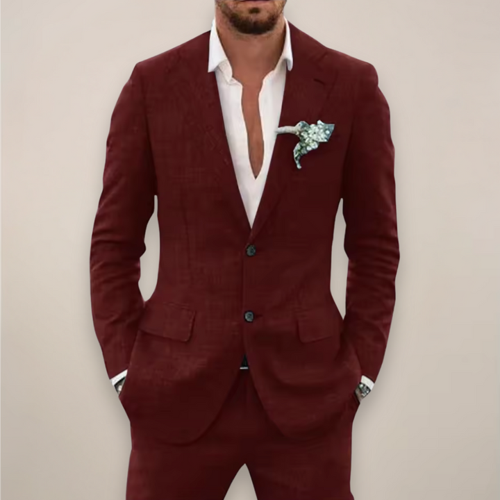 Side profile of a man wearing a contemporary notch lapel tailored suit, showcasing its modern fit.