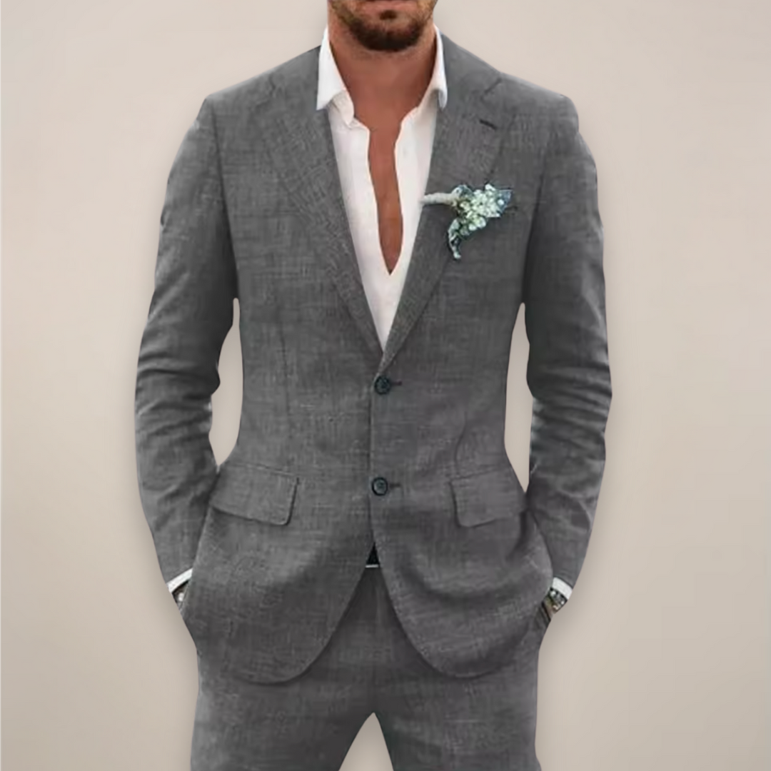 Men's event suit with a sophisticated notch lapel and a comfortable modern fit, suitable for spring.