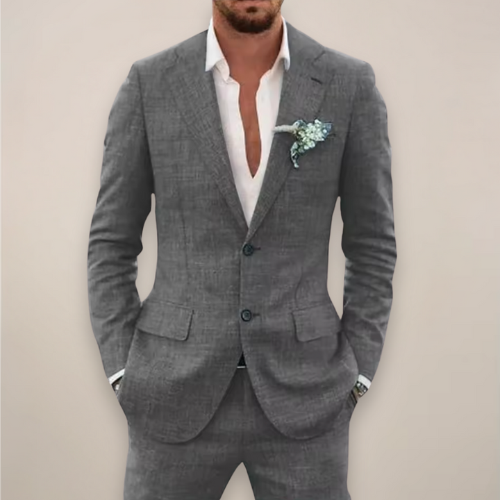 Men's event suit with a sophisticated notch lapel and a comfortable modern fit, suitable for spring.