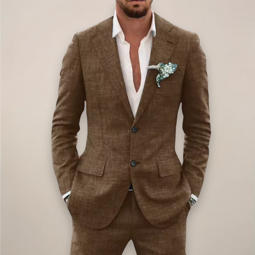 Textured fabric detail of a men's modern notch lapel suit, highlighting its quality and tailored aesthetic.