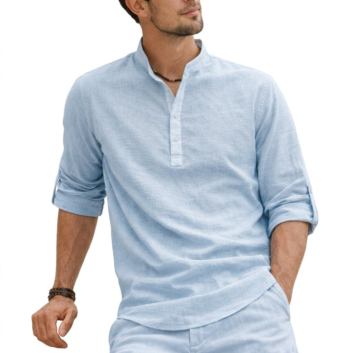 Long sleeve men's grandad collar button-down shirt for versatile everyday comfort and modern style.