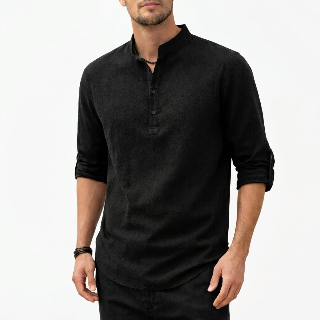 Relaxed fit men's grandad collar casual shirt. Ideal for summer fashion & versatile everyday wear.