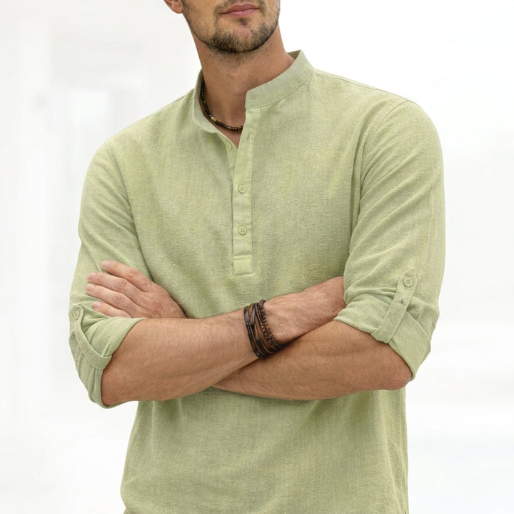 Modern men's grandad collar long sleeve shirt with a relaxed fit. Great for casual & versatile wear.