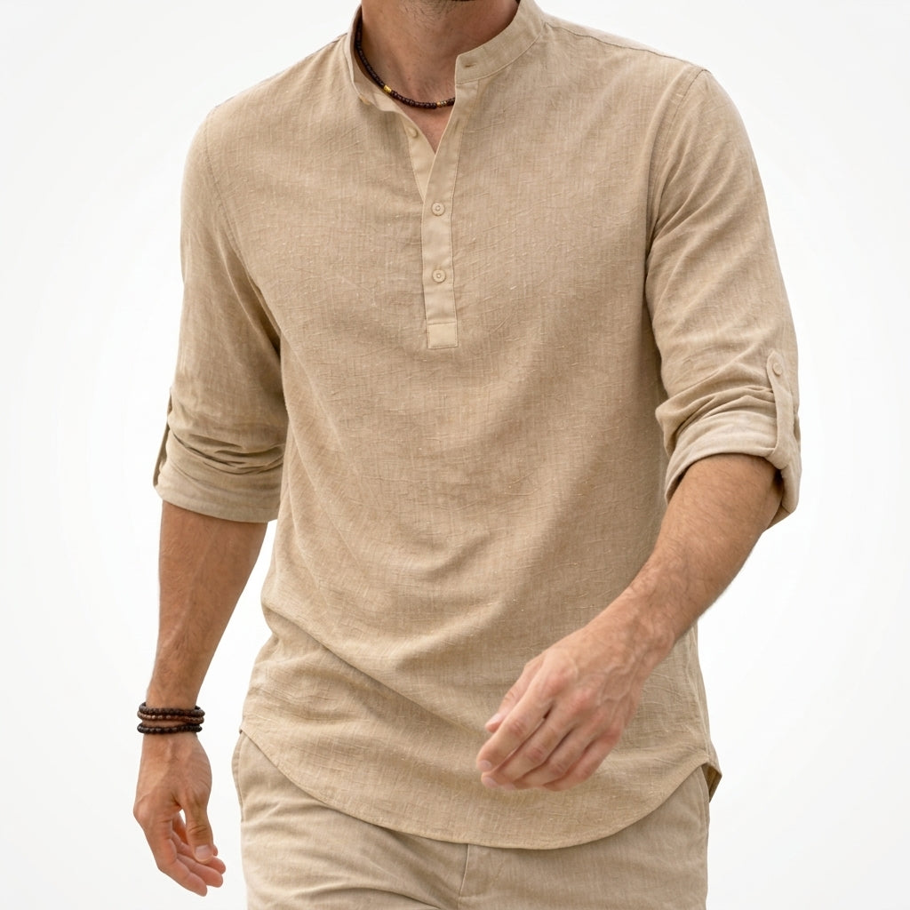 Comfortable men's grandad collar casual shirt. Button-down, long sleeve, perfect for everyday & summer fashion.