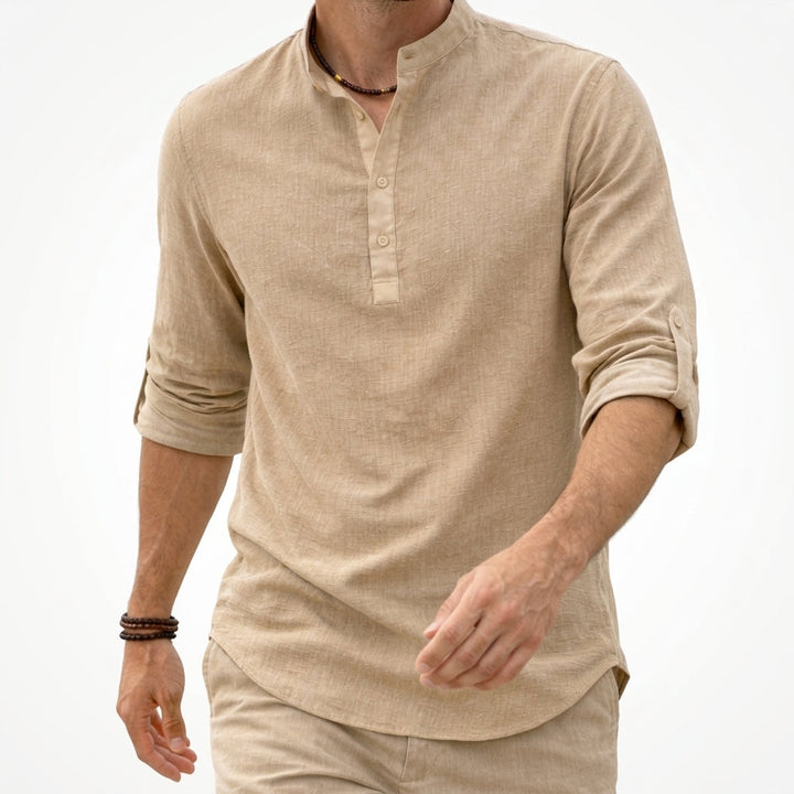Comfortable men's grandad collar casual shirt. Button-down, long sleeve, perfect for everyday & summer fashion.