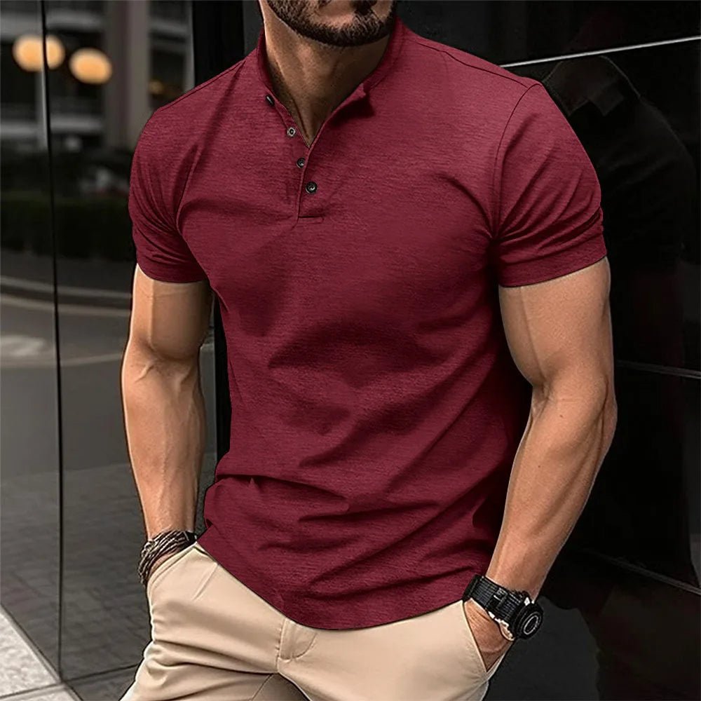 Detail of men's short sleeve henley shirt, showing the button placket and mandarin collar, a casual men's top.