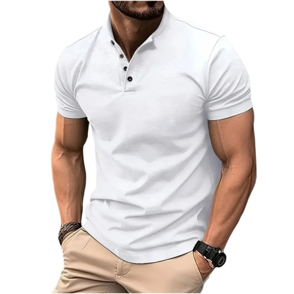Front view of a men's short sleeve henley shirt, a modern and versatile casual top for men's fashion.