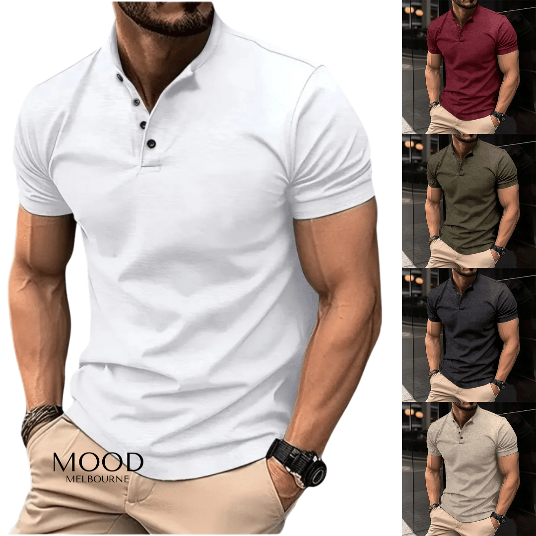 Close-up of a men's casual short sleeve henley shirt, highlighting its soft fabric and mandarin collar detail.