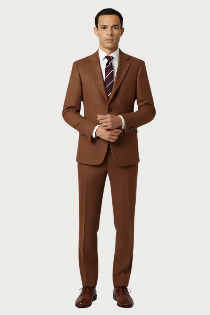 Men's Modern Single Breasted Suit Set in burnt rust, ideal for formal events & spring fashion.
