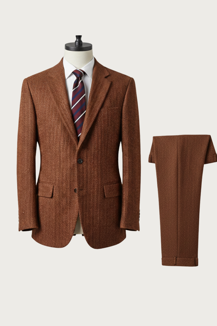 Two-piece men's burnt rust single-breasted suit set, perfect for business casual and weddings.