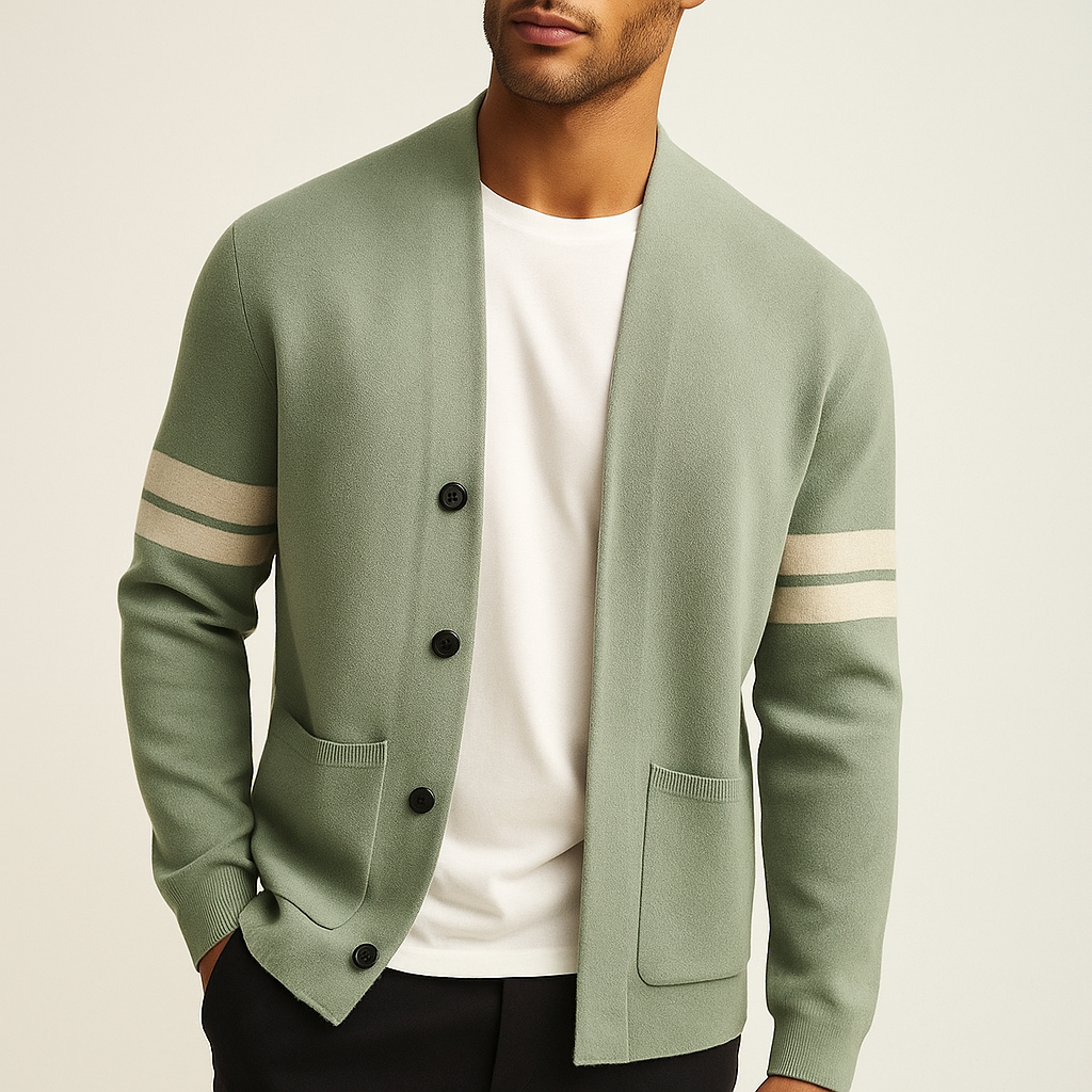 Men's modern striped cardigan in a tailored fit. Lightweight button-up layer for casual and versatile style.