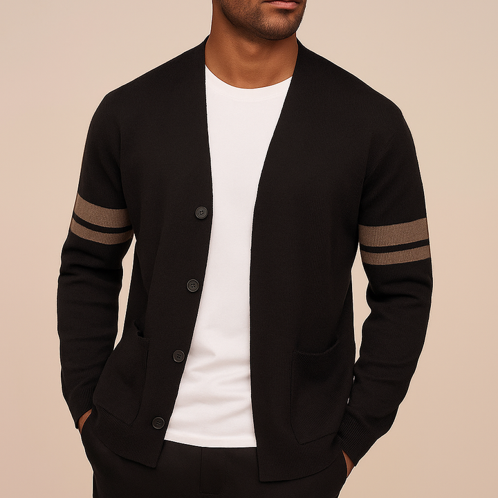 Close-up of the lightweight men's striped cardigan fabric, showing modern stripes & quality long sleeve details.