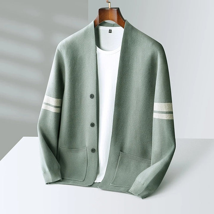 Man wearing a versatile, lightweight striped cardigan casually. Perfect modern style for everyday comfortable wear.