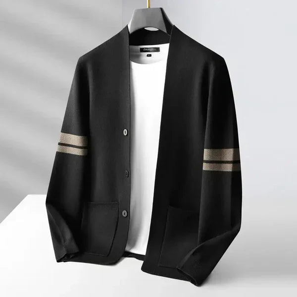 Men's button-up striped cardigan, showcasing tailored fit and modern design for a smart casual, long sleeve look.