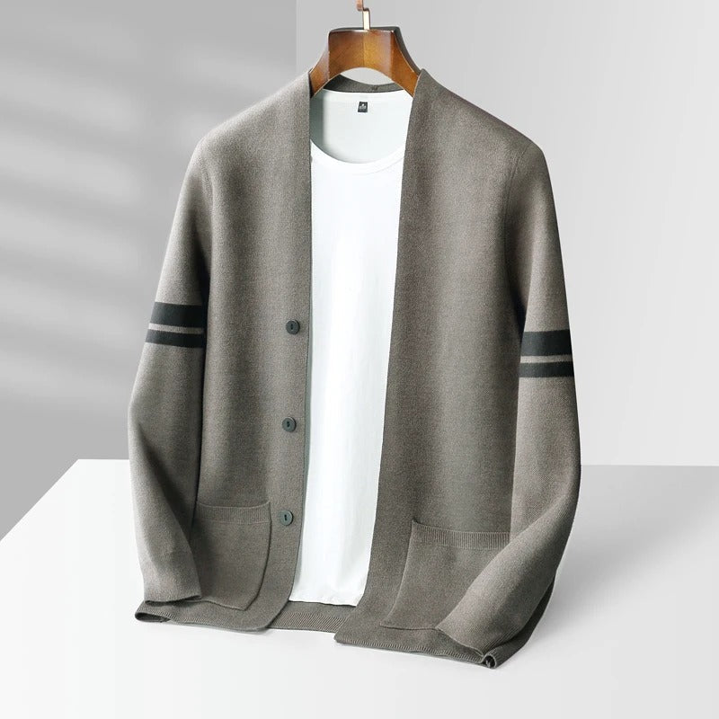 Stylish men's long sleeve striped cardigan. A comfortable, lightweight layer with modern appeal for versatile wear.