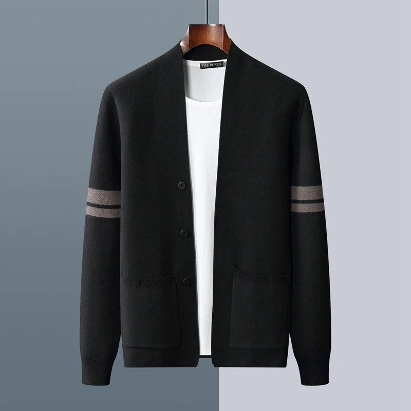 Back view of a tailored fit men's striped cardigan, emphasizing its modern style & lightweight comfort.