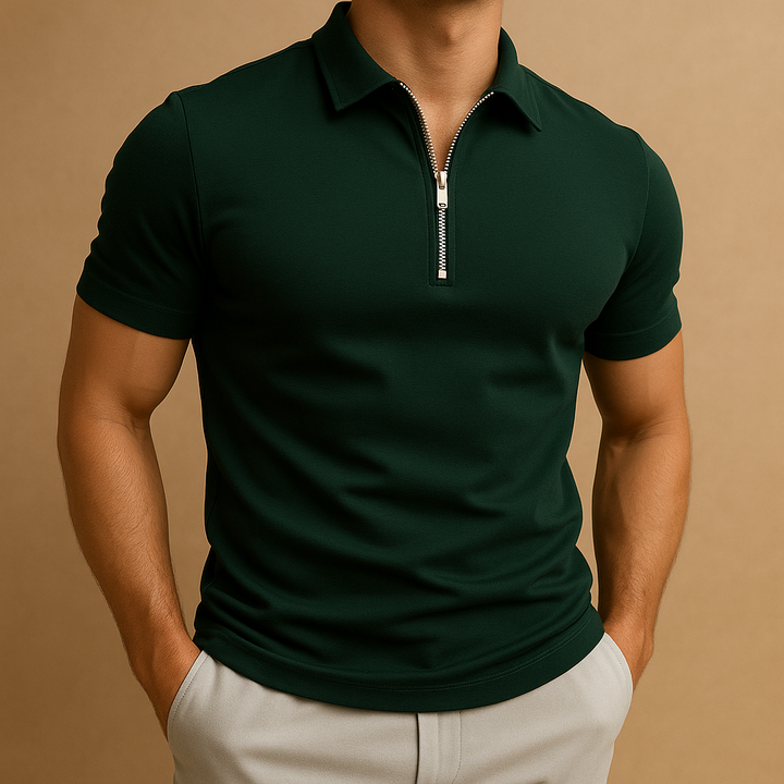 Modern men's zipped polo shirt, offering effortless style and comfortable wear for a sharp, casual look.