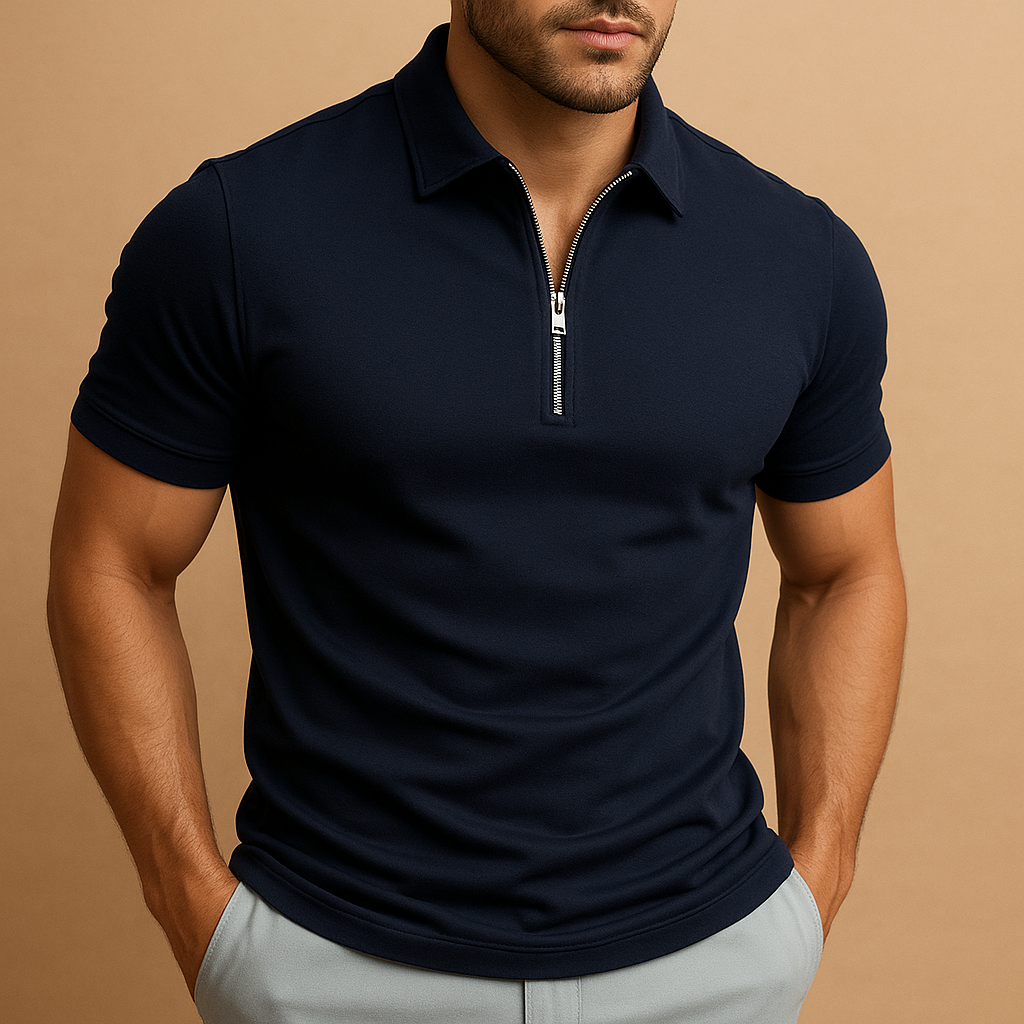 Versatile men's zipped polo shirt, a stylish top for everyday wear, combining modern design with comfort.