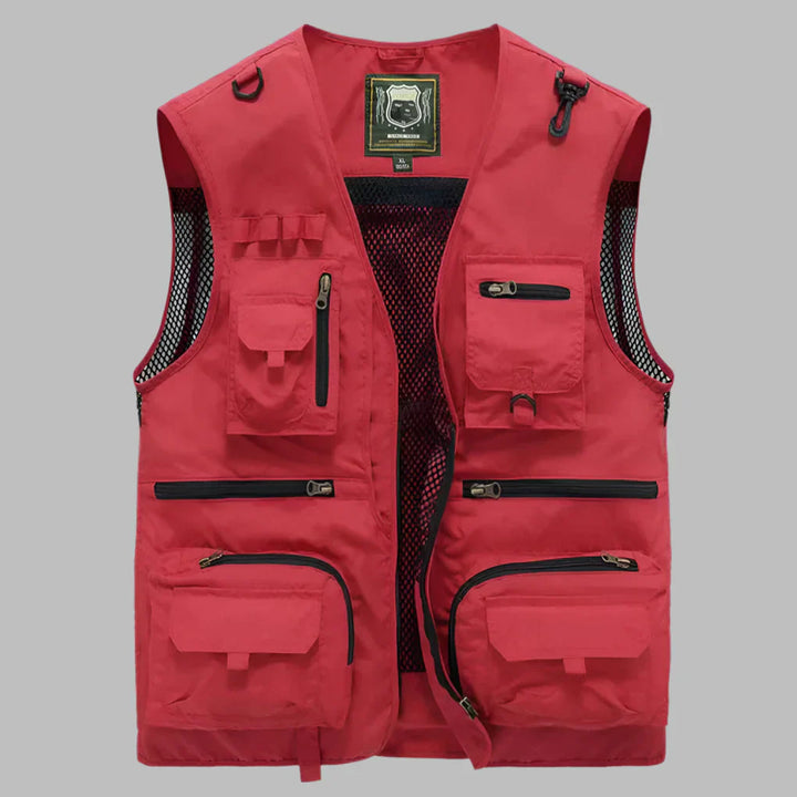 Men's multi-pocket summer utility vest in lightweight fabric, ideal for travel, hiking, and outdoor adventures.