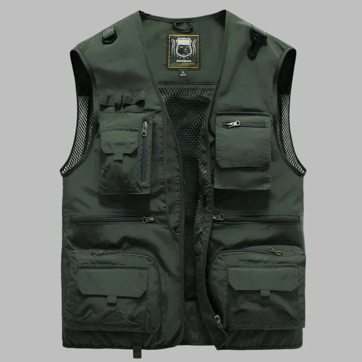 Zippered men's utility vest with many pockets, lightweight and breathable for summer adventure wear.