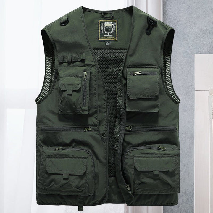 Practical men's utility vest with numerous pockets for storage, great for photography, hiking & travel.