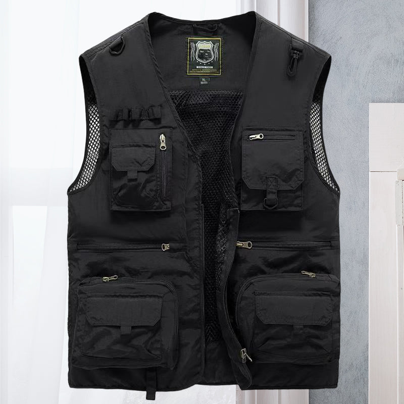Men's multi-pocket travel vest, offering ample storage for essentials during outdoor and urban trips.