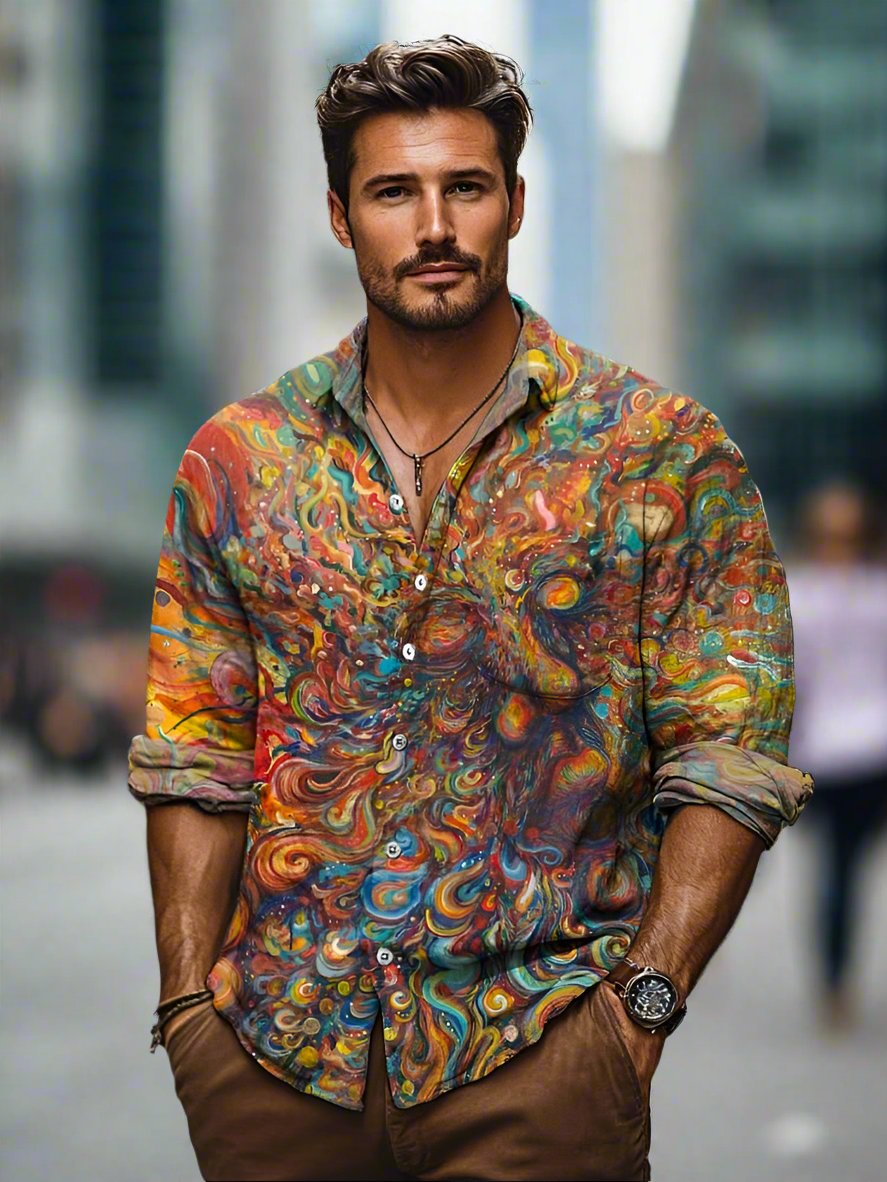 Men's multicolor long-sleeve printed summer shirt, perfect for casual vacation wear or beach style.