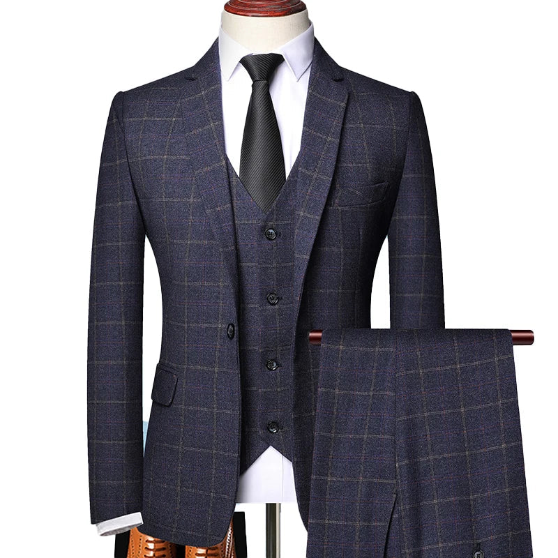 Stylish men's blue windowpane plaid 3-piece suit, a versatile and modern addition to men's formal wear.