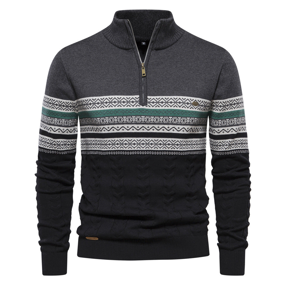Warm men's Nordic half-zip sweater, long sleeve, cotton blend, excellent casual wear