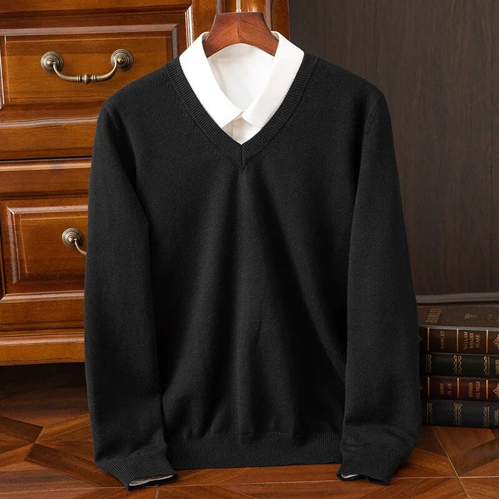 Men's fashion V-neck pullover, long sleeve and comfortable knit. Essential for stylish casual wear.