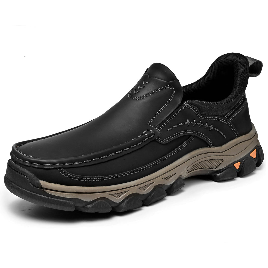 Brown leather slip-on orthopedic shoes, ideal for men's casual walking and travel