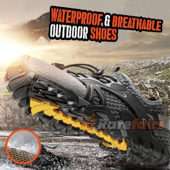 Side view of men's casual outdoor footwear, ideal for hiking and everyday wear, on a rocky path