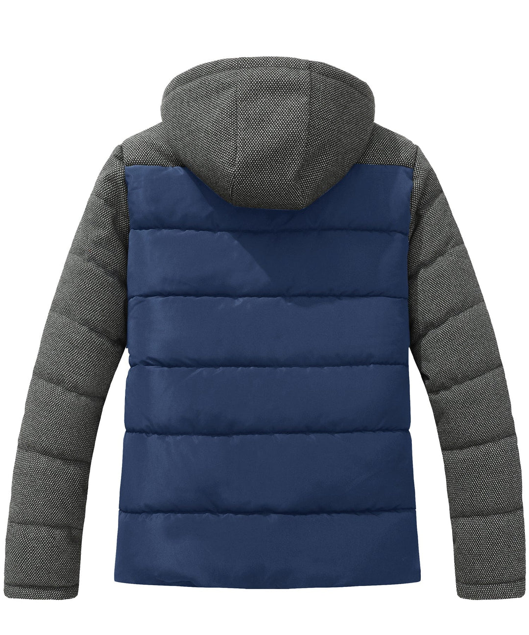 Men's gray outdoor puffer jacket, interior lining visible, cozy and warm for winter