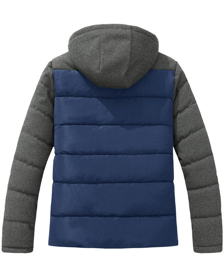 Men's gray outdoor puffer jacket, interior lining visible, cozy and warm for winter