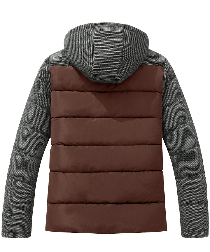 Three men's puffer jackets in different colors: red, blue, green, warm winter coats