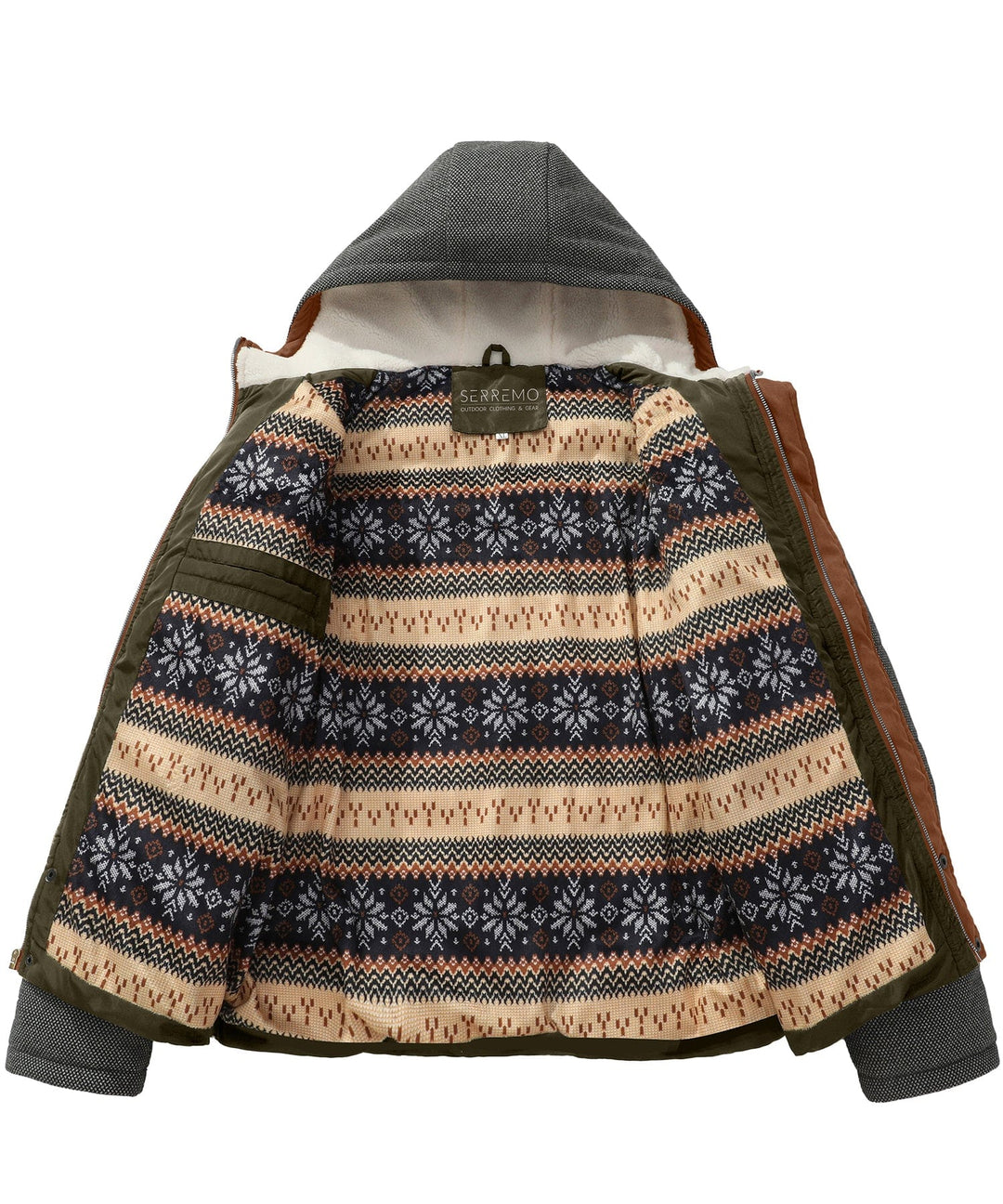 Zoomed-in texture of a men's puffer jacket, showing insulation and quilting, weather resistant