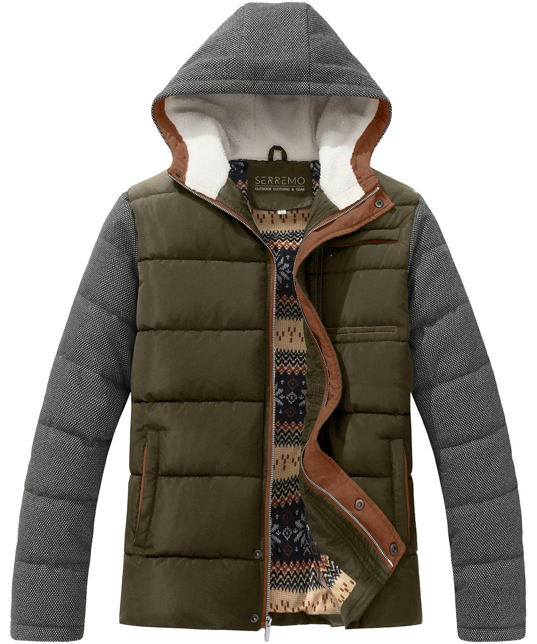 Men's green puffer jacket, back view, quilted design, perfect for cold outdoor activities