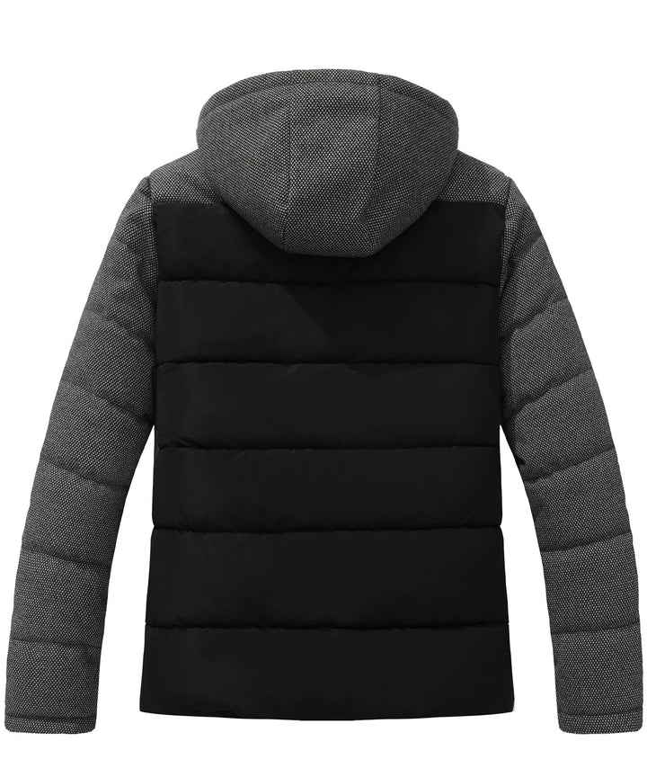 Men's puffer jacket in a vibrant orange, standing, full length, stylish winter coat