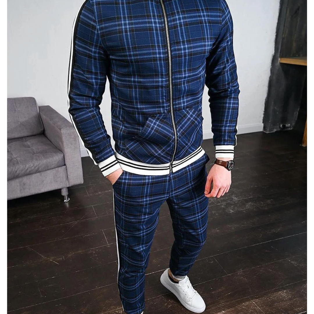 Comfortable two-piece men's jogging set with a stylish plaid pattern, ideal for activewear or casual use.