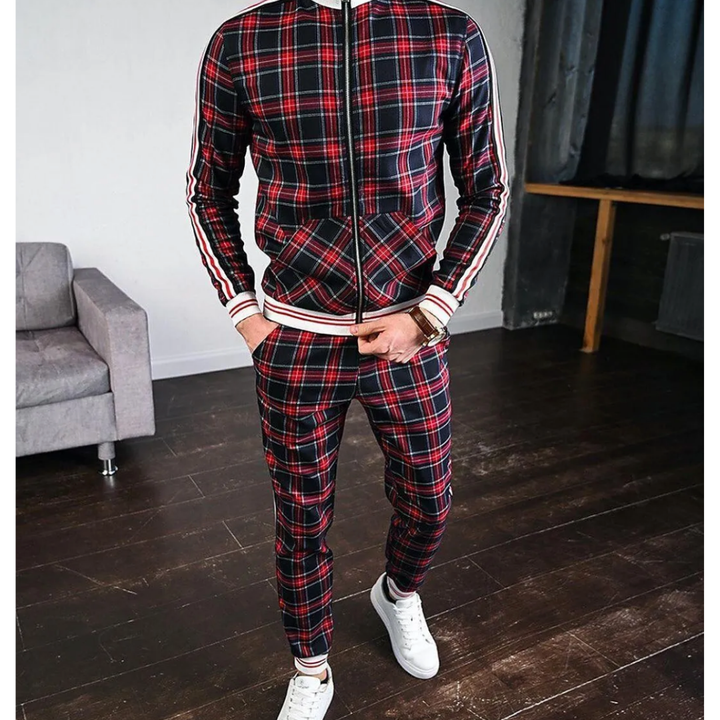 Athletic men's tracksuit set featuring a modern plaid design, great for jogging and sportswear.