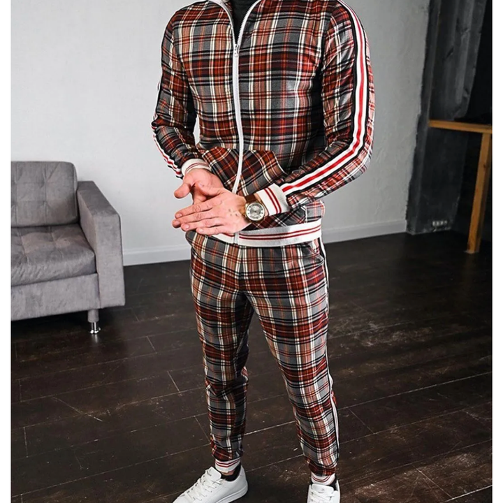Men's sportswear jogging set in a distinctive plaid print, offering both style and comfort for active men.
