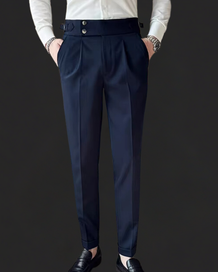Men's pleated Gurkha dress trousers with adjustable waist. Classic tailored formal pants for sophisticated style.