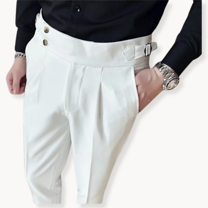 Timeless men's pleated Gurkha dress trousers, adjustable waist. Classic tailored formal pants for sophisticated wear.